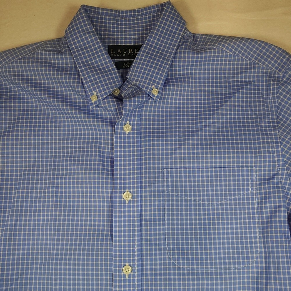 Lauren Ralph Lauren Blue Gingham Dress Shirt Mens 15.5 32/33 Slim Fit Non Iron - Picture 2 of 5